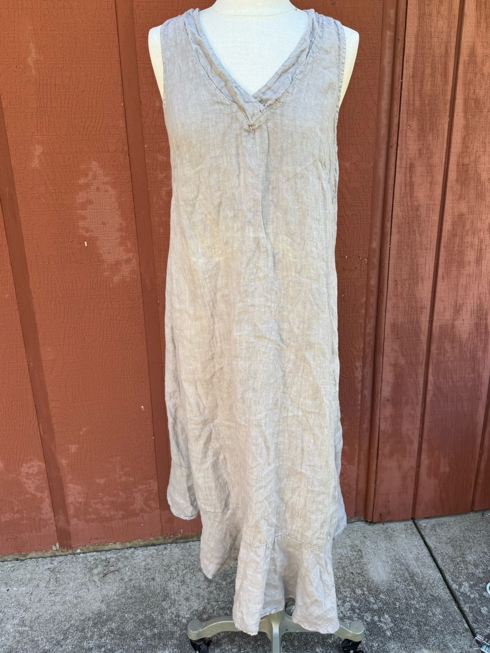Italy 100% Linen V-Neck Ruffle Hem Midi Dress Grey - Size S